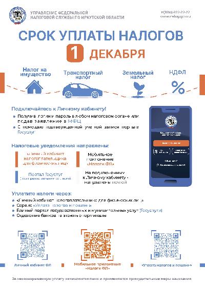 Срок уплаты налогов - 1 декабря!